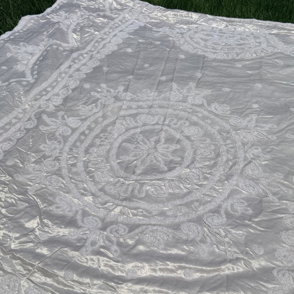 Vtg 50's EVERWEAR Chenille Satin Bedspread Cream White Full/Queen Hollywood Glam
